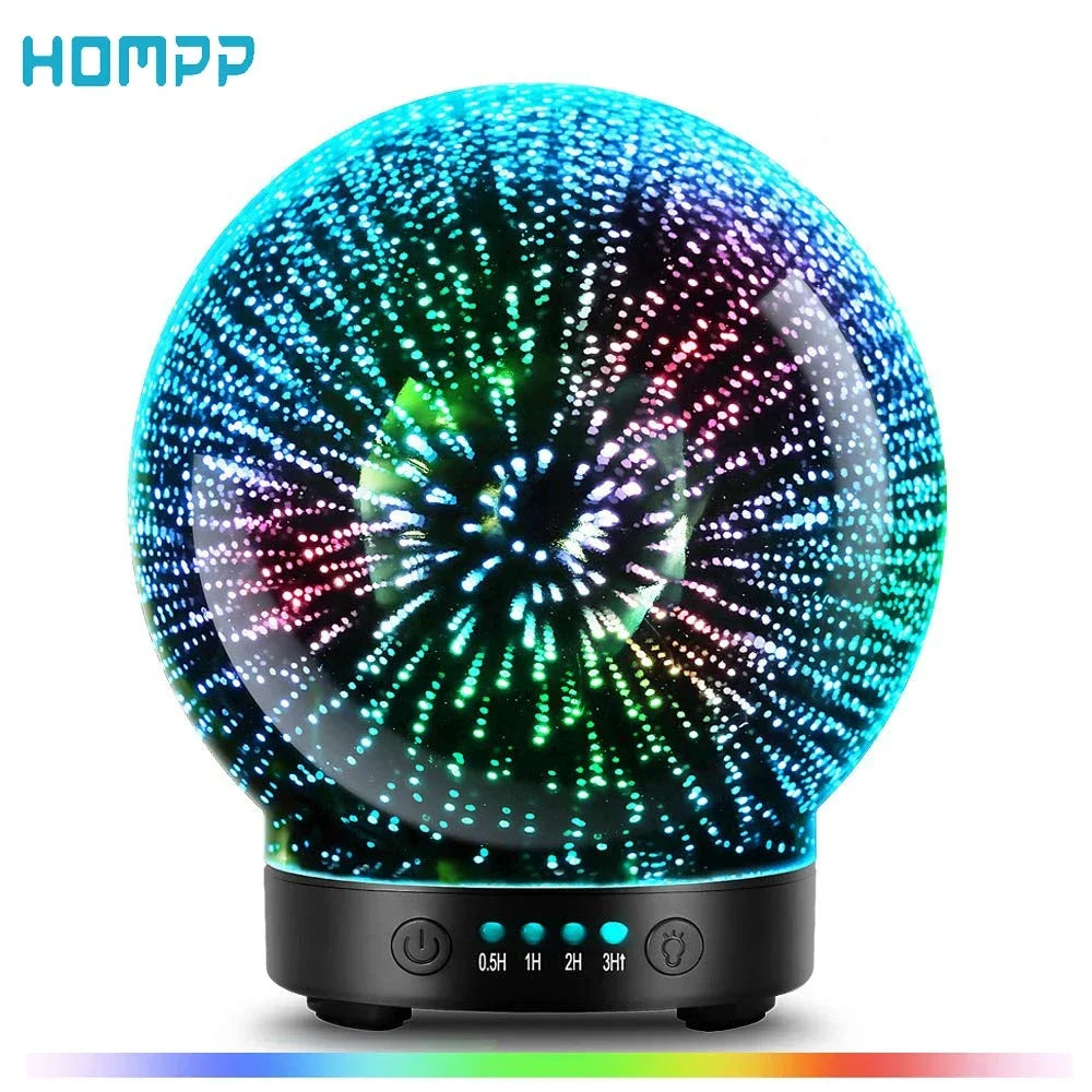 3D Glass Aroma Diffuser Aromatherapy Ultrasonic Essential Oil Version Air Humidifier Modes Firework 100ml 7 LED Lights Spray